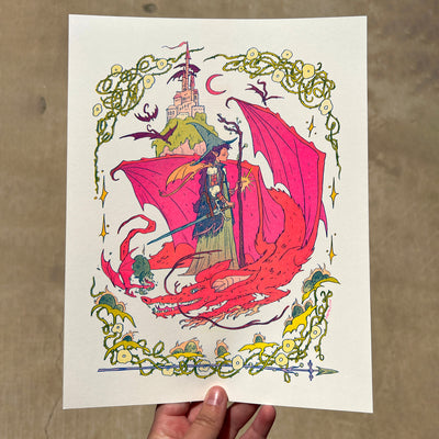 Brightly colored risograph print of a cloaked woman holding a wooden staff, a large sword and being followed by lanky bats. Wrapped around her is a fluorescent pink dragon. Behind them is a far away castle on a hill. The piece is framed with drawn thorned flowers.