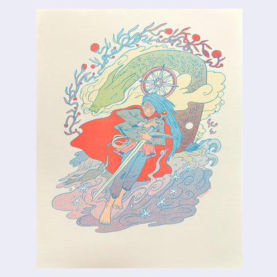Illustration of a person with blue hair and red cloak holding a sword, surrounded by nature elements on a light beige background.