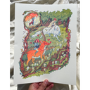 Colorful illustration of a woman warrior, who is riding atop a large white wolf, opposite of a hunter riding atop of an orange deer creature. They stand in a forested area, with branches filled with small white woodland spirits all around.