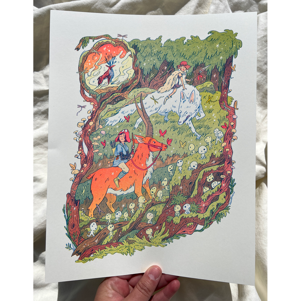 Colorful illustration of art inspired by Princess Mononoke, who is riding atop a large white wolf, opposite of a hunter riding atop of an orange deer creature. They stand in a forested area, with branches filled with small white woodland spirits all around.