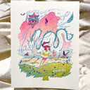 Colorful risograph printed illustration of a girl with a large white dragon. They hover over green grass in front of pink clouds and a tall bathhouse.  