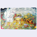 Colorful illustration on a neoprene desk mat of a dragon and fairies in a fantasy landscape with stars and flowers.