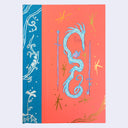 Notebook cover with blue and orange design featuring dragons and swords on a light gray background
