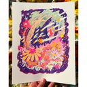 Colorful print of a forest scene with bright pinkish purple borders. A small girl looks out from behind a tree at a series of shooting stars with many wild looking flowers and plants below. Colors are orange, yellow and pinks.