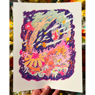 Colorful print of a forest scene with bright pinkish purple borders. A small girl looks out from behind a tree at a series of shooting stars with many wild looking flowers and plants below. Colors are orange, yellow and pinks.