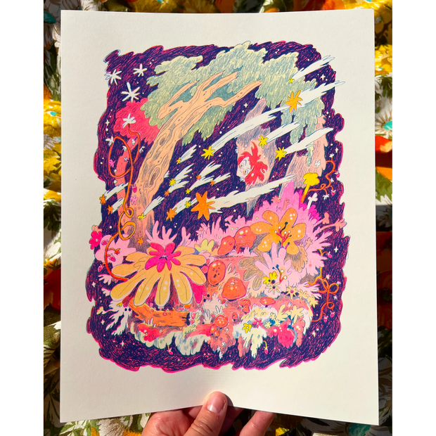 Colorful print of a forest scene with bright pinkish purple borders. A small girl looks out from behind a tree at a series of shooting stars with many wild looking flowers and plants below. Colors are orange, yellow and pinks.