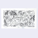 Ink drawing on white paper of several fruits and vegetables, drawn around the word "bountiful." Fruits include: pineapple, tomatoes, grapes, pomegranates, etc. Veggies include: bell pepper, garlic, corn, gourds, carrots, etc.