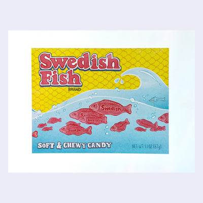 Illustration of the package design for Swedish fish, with "soft & chewy candy" written along the bottom.