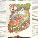 Colorful illustration of art of a woman warrior, who is riding atop a large white wolf, opposite of a hunter riding atop of an orange deer creature. They stand in a forested area, with branches filled with small white woodland spirits all around.