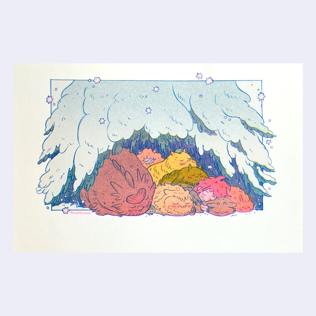 Risograph print of many fluffy cute monster creatures, all laying together in a pile around a small girl. They all are asleep and are under a snow covered tree with small pink stars around it.