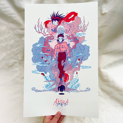 Red and blue ink risograph print, fan art for Akira.  A figure stands in front of a cloud of smoke, with an eldery looking child behind them. In the back is Tetsuo transforming into a monster-like creature, as in the manga. Bottom reads "Akira" in English and Kanji.