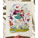 Risograph print of Howl and Sophie from Howl's Moving Castle, leaping over an open countryside landscape with shooting sparks all around them and various other characters from the film around the scene.
