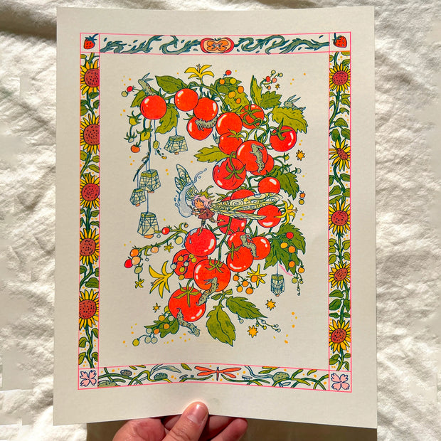 Brightly colored risograph print of a small fairy with large dragonfly style wings, standing atop of a cherry tomato. The tomato is connected to a vine that grows many other full size cherry tomatoes. Small fantasy inspired caterpillars stand on the tomatoes. Piece is framed by an illustrated border of sunflowers and other nature thematics. 