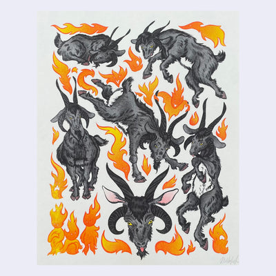 Risograph print of many black goats, with fluffy fur and long black horns atop its head and on the side of its head. Flames surround each goat, some flames having little faces.