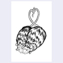 Black ink illustration of 2 chubby, furry rats nuzzled up against one another, cheek to cheek. Their tails intertwine to make a loosely shaped heart.
