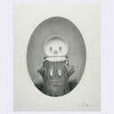 A monochrome pencil-style artwork showing a small white creature or doll with oval eyes and a mouth, standing on a tree stump inside an oval frame, on a light background with a signature in the lower right.