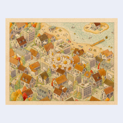 Illustration of an overhead view of a large town with many buildings and houses. In the center, a large bouquet of daisies blooms.