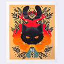 Illustration of a black cat with fierce orange eyes, looking head on at the viewer. A cloud of orange and red smoke comes out its mouth and wraps around the body, obscuring all but 2 tails. Black leaf patterns decorate the piece.