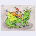 Ink and watercolor painting of a green dragon, curled into itself and smiling with its tongue out. A orange cat rests atop its back and wears a silver helmet. 