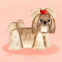 Painting of a cartoon shih tzu, with its hair put up into a ponytail atop its head with red heart shaped hair clips. It stands and smiles, against a pink background. 