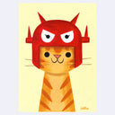 Painting on pastel yellow background of the bust of a orange tabby cat, cartoonish in style and smiling. Atop its head is a red robot helmet.