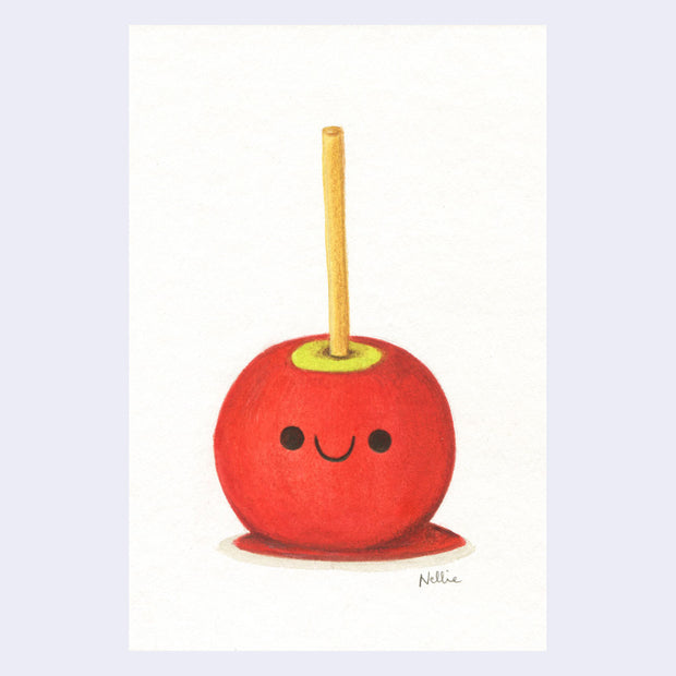 Painting of a red candy apple, with a small cute cartoon face on the front.
