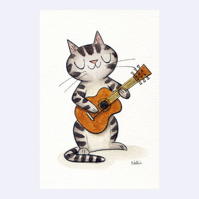 Simple watercolor illustration of a gray cartoon tabby cat sitting and playing a guitar.