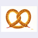 Painting of 2 snakes shaped and colored like a large soft pretzel, golden brown with dots of salt on the surface. They each have forked tongues and black eyes.
