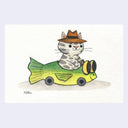 Watercolor painting of a gray cat wearing a brown hat and driving a fish shaped car.