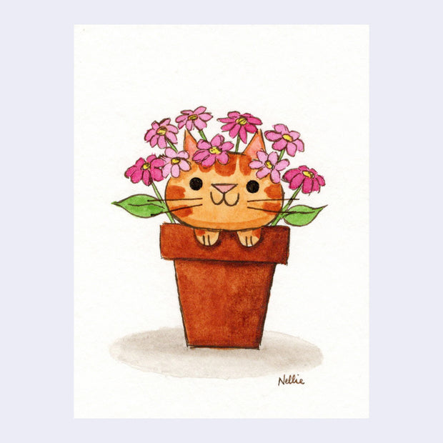 Simple illustration of an orange tabby cat in a terracotta colored planter, with pink flowers growing out and surrounding the cat's head.