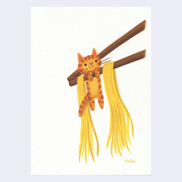 Painting of a small orange tabby cat, being held in a pair of chopsticks alongside some noodles.