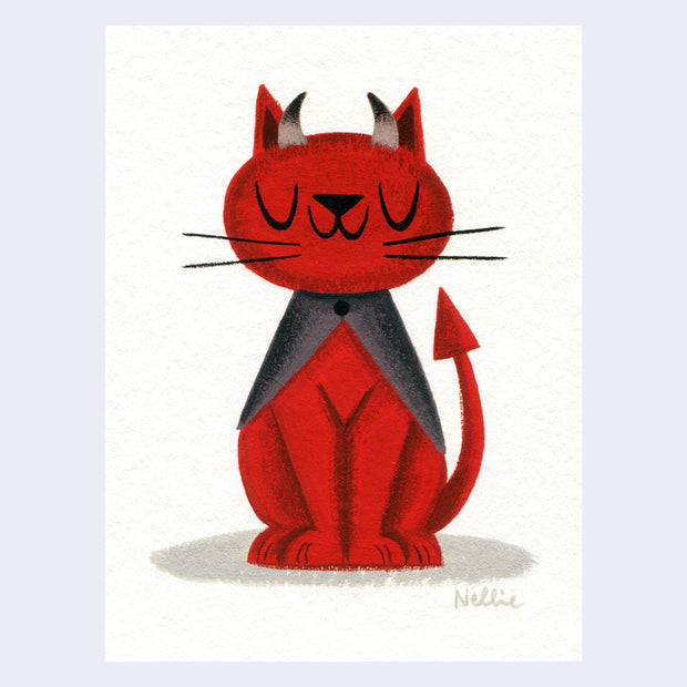 Painting of a simplistic red cartoon style cat, with brown pointed horns, a black cape and a pointed devil tail.