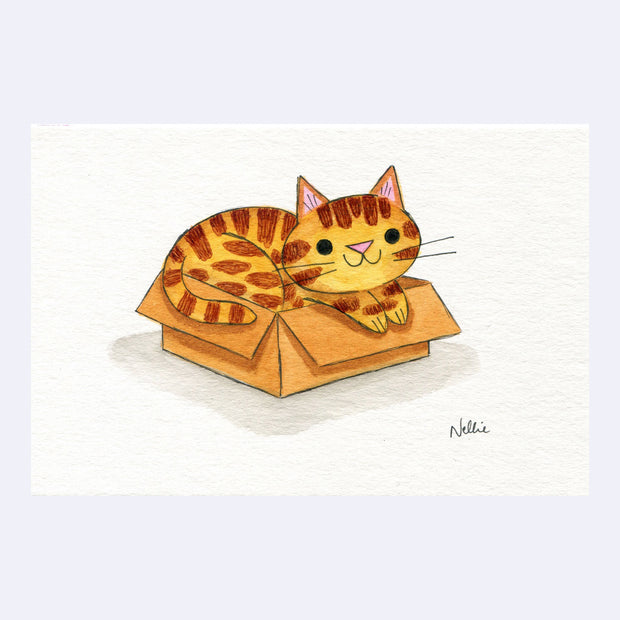 Simple watercolor drawing of an orange cartoon tabby cat sitting inside of a cardboard box and smiling.