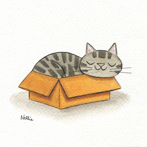 Painting of a small gray cartoon tabby cat laying in a cardboard box, asleep.