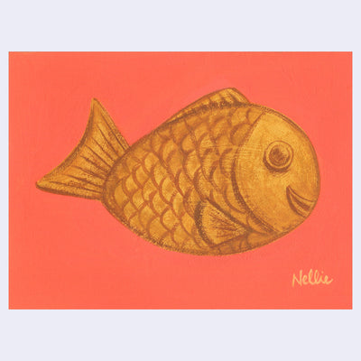 Painting of a taiyaki fish shaped pastry, smiling on orangish red background. 