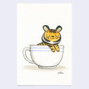 Painting of a cute cartoon tiger, resting in a white teacup.