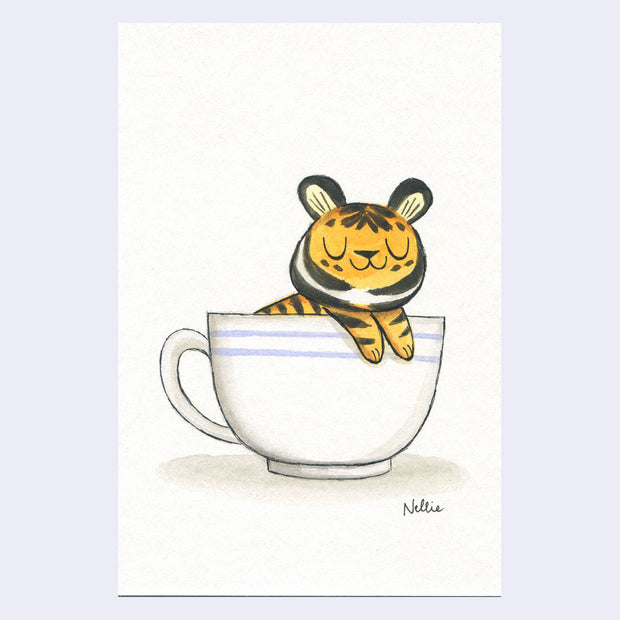 Painting of a cute cartoon tiger, resting in a white teacup.