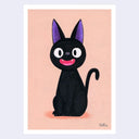 Illustration of a black cat with purple ears on a pink background