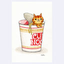 Illustration of a cartoon orange tabby cat popping out of a Cup Noodles Ramen cup.