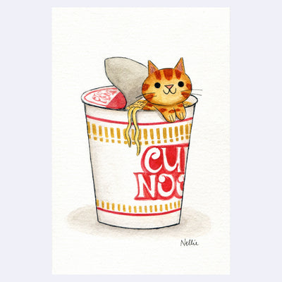 Illustration of a cartoon orange tabby cat popping out of a Cup Noodles Ramen cup.