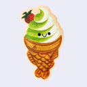 Cartoon-style ice cream cone with green soft serve and a strawberry on a light purple background