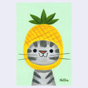 Painting of a cartoon gray cat, smiling and looking at the viewer while wearing a pineapple hood hat. Background is mint green.