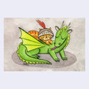 Illustration of a cat in armor hugging a green dragon on textured paper.