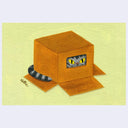 Illustration of a cat peeking out from behind a cardboard box on a light green background