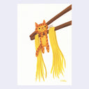 Illustration of a cat being held up in chopsticks with noodles on them as well.