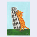 Illustration of a cat leaning against the Leaning Tower of Pisa against a light blue background.