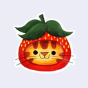 Die cut sticker of a smiling orange tabby cat's head, wearing a strawberry around its head like a cap.