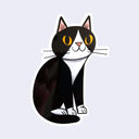 Die cut sticker of a cartoon style tuxedo cat, with yellow eyes and a cute smile.