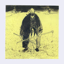 A black ink sketch of an elderly bearded man holding a long pole on a textured yellow background with a small girl trapped behind his spears.