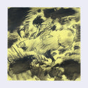 An abstract black ink sketch on yellow paper depicting a rider on a horse in motion, presented on a light gray background.